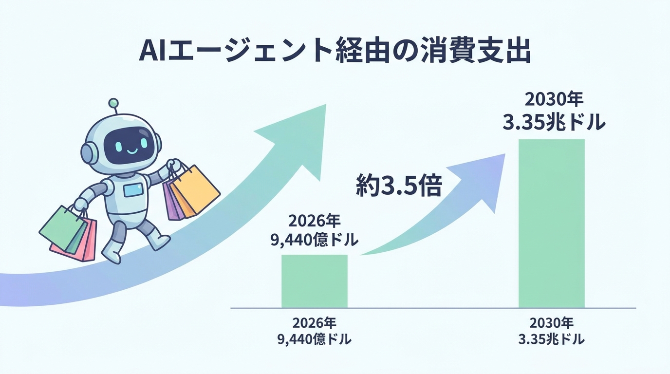 AIエージェント経由の消費支出予測(2026年9,440億ドル→2030年3.35兆ドル・約3.5倍)