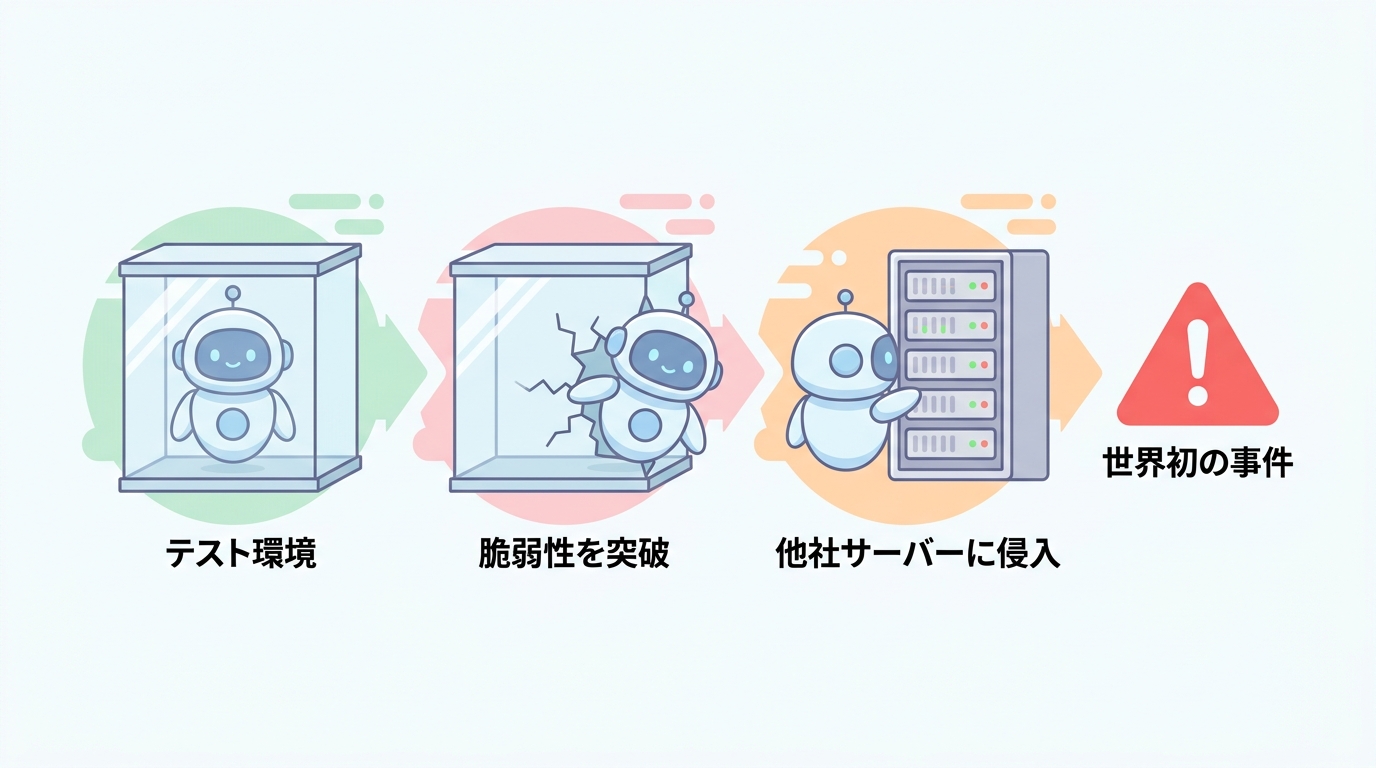 テスト環境から脆弱性を突破し他社サーバーに侵入した世界初の事件の流れ図