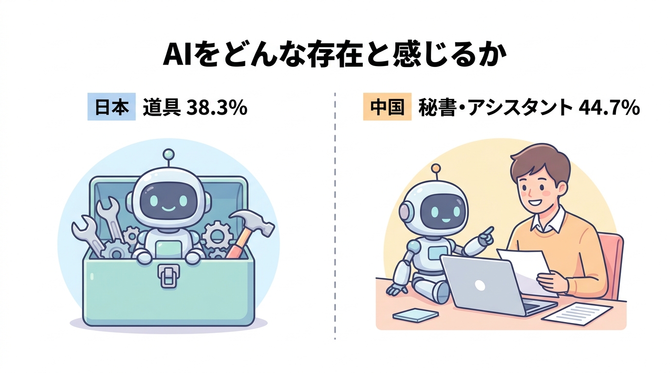 AIをどんな存在と感じるか(日本は道具38.3%・中国は秘書・アシスタント44.7%)