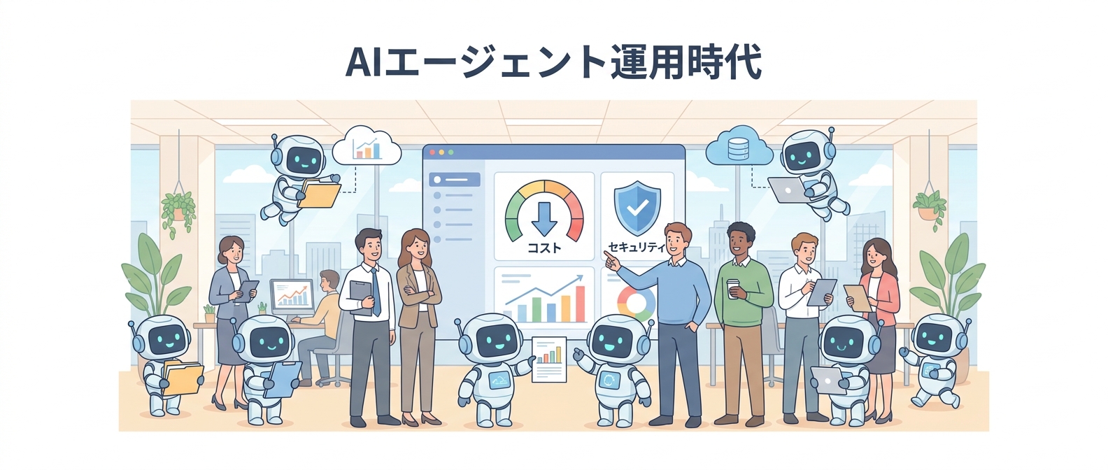 AIエージェント運用時代を象徴するイラスト。コストとセキュリティのダッシュボードを見守るビジネスパーソンと働くロボットたち