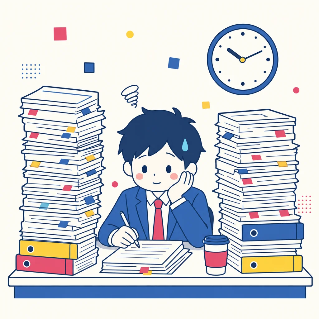 書類の山に埋もれるオフィスワーカーのイラスト