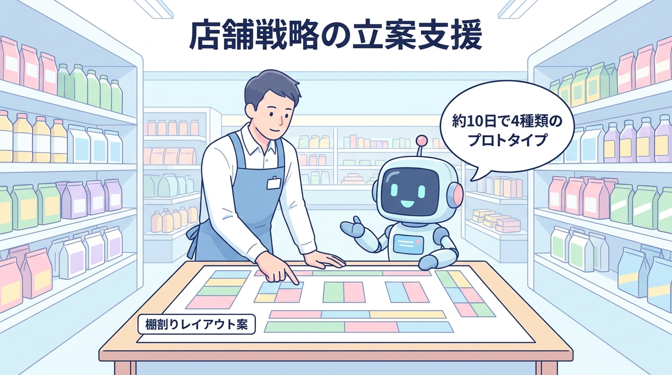 店舗戦略の立案支援と棚割りレイアウト案を支援するAIエージェント(約10日で4種類のプロトタイプ)