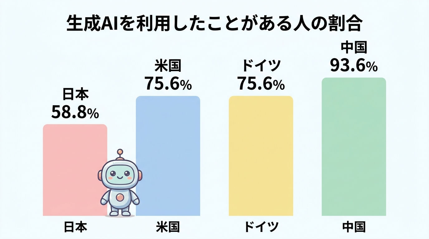 生成AIを利用したことがある人の割合(日本58.8%・米国75.6%・ドイツ75.6%・中国93.6%)