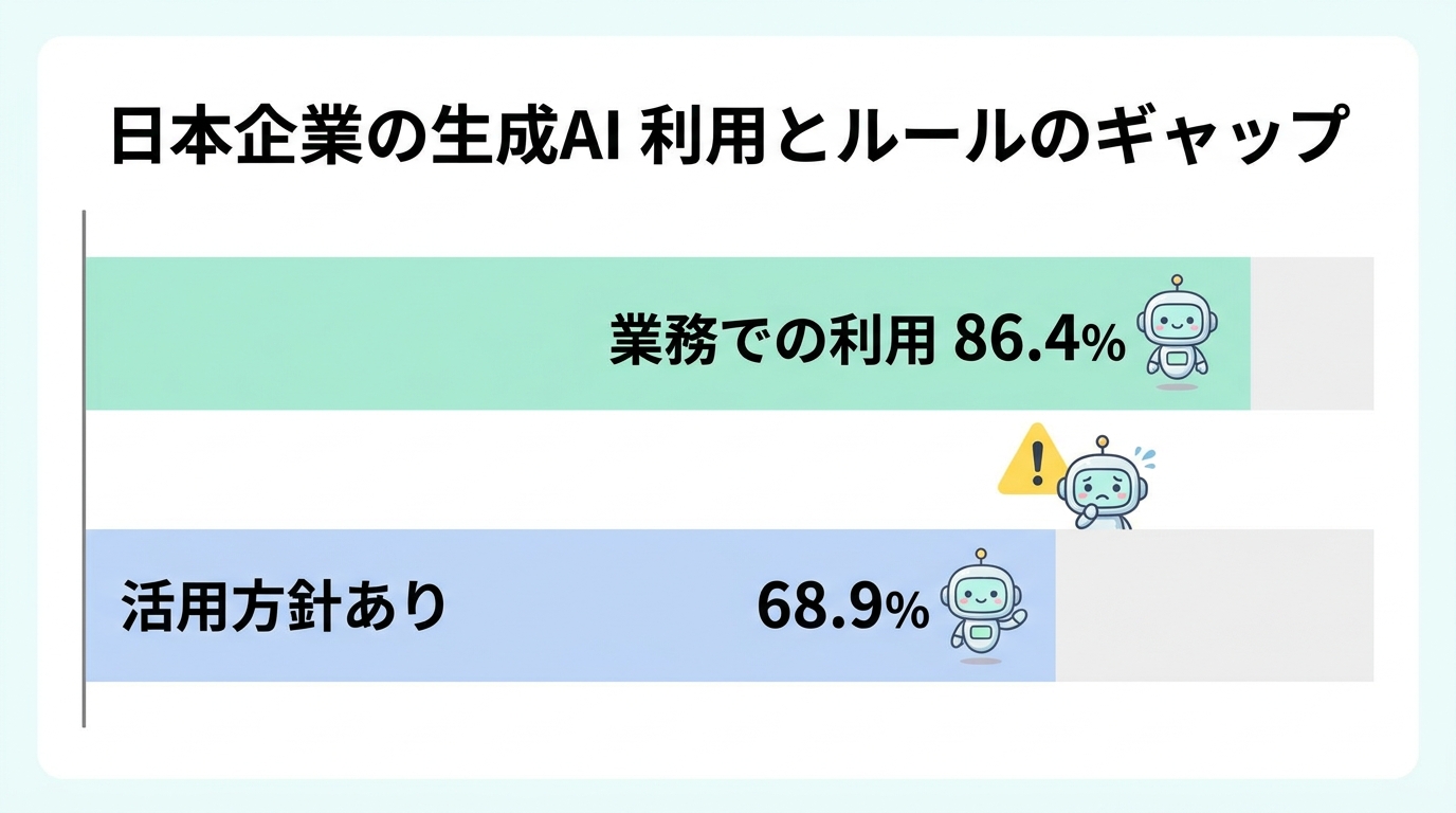 日本企業の生成AI利用とルールのギャップ(業務での利用86.4%・活用方針あり68.9%)