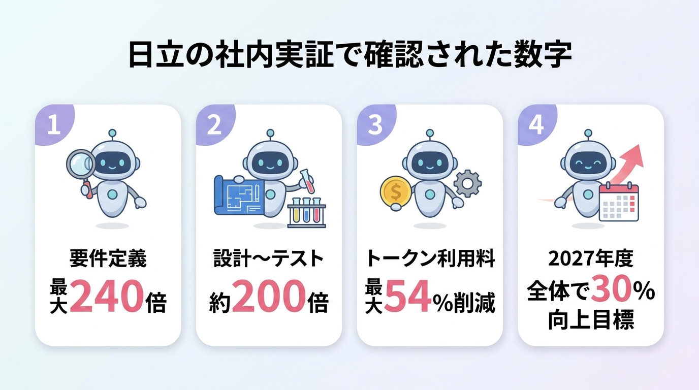 日立の社内実証で確認された数字——要件定義最大240倍・設計〜テスト約200倍・トークン利用料最大54%削減・2027年度全体で30%向上目標