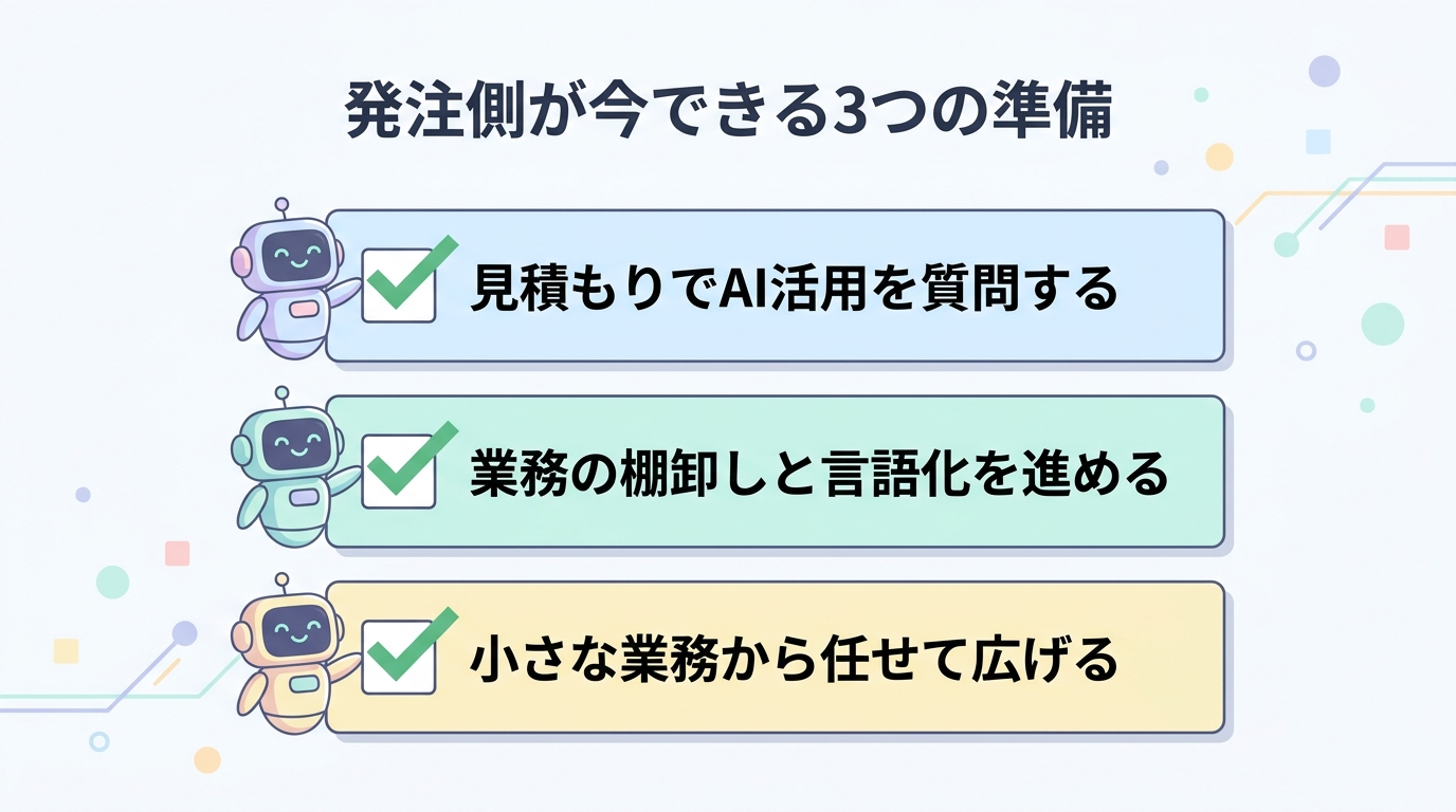 発注側が今できる3つの準備——見積もりでAI活用を質問する・業務の棚卸しと言語化を進める・小さな業務から任せて広げる