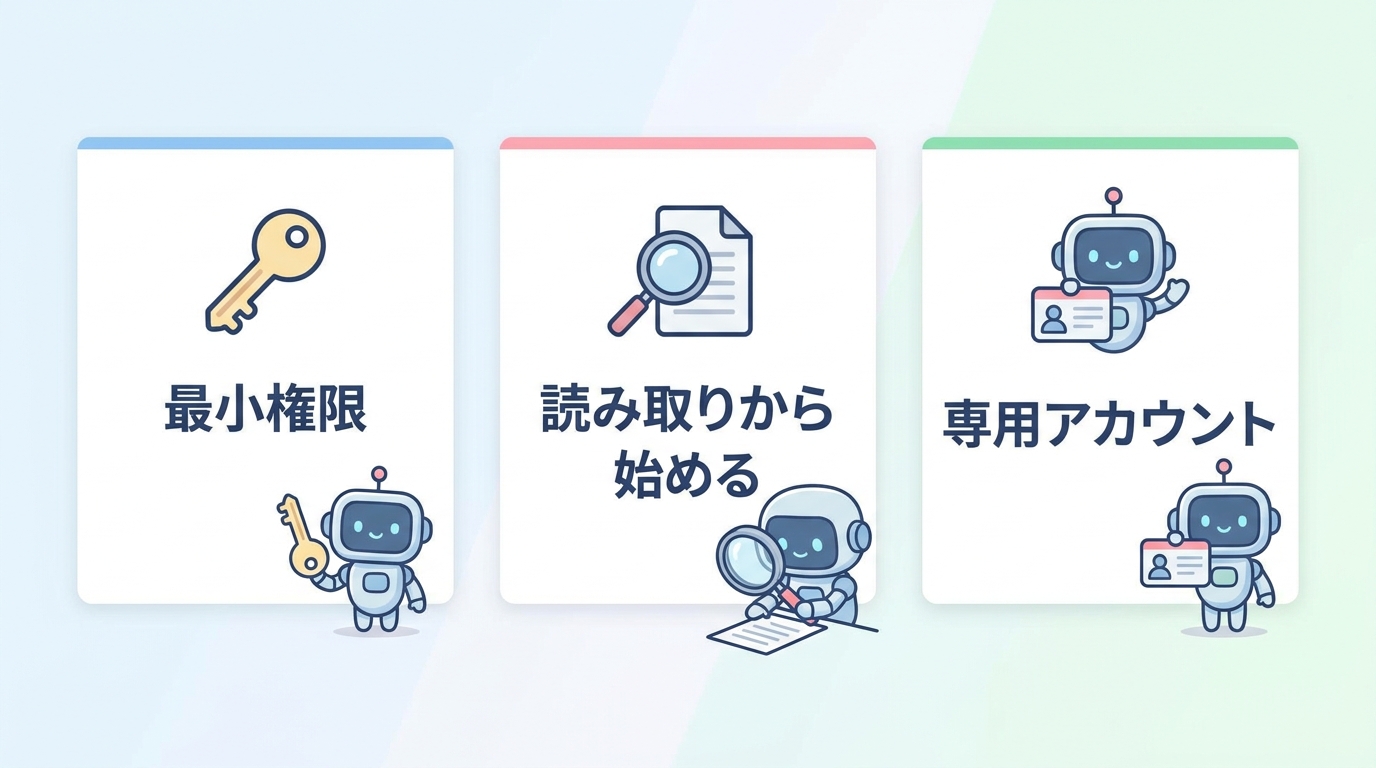 権限設計の3原則(最小権限・読み取りから始める・専用アカウント)の図