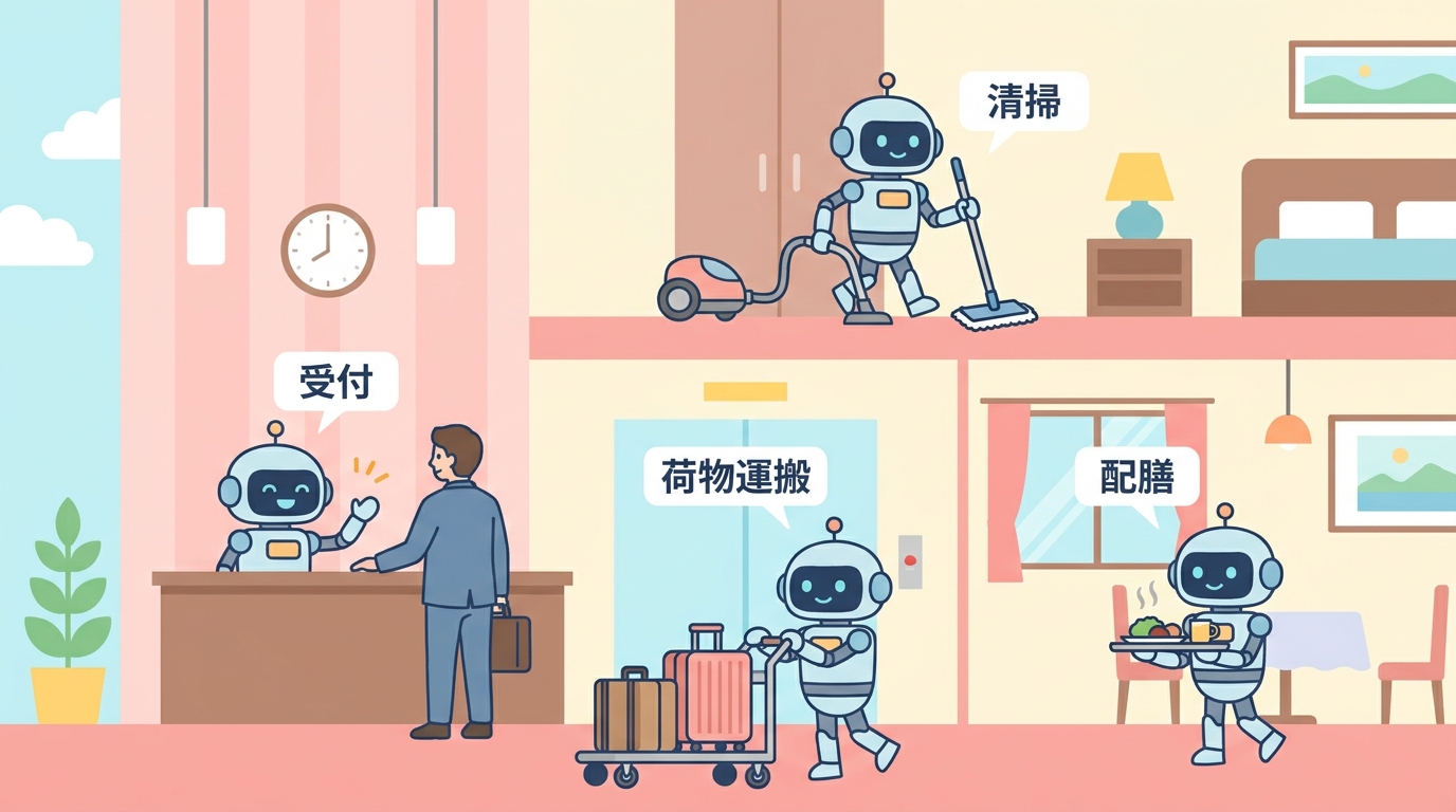 深センの完全ロボット運営ホテル(受付・荷物運搬・清掃・配膳)のイラスト