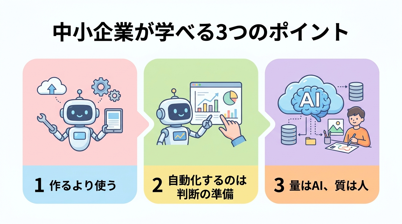 中小企業が学べる3つのポイント(作るより使う・自動化するのは判断の準備・量はAI、質は人)