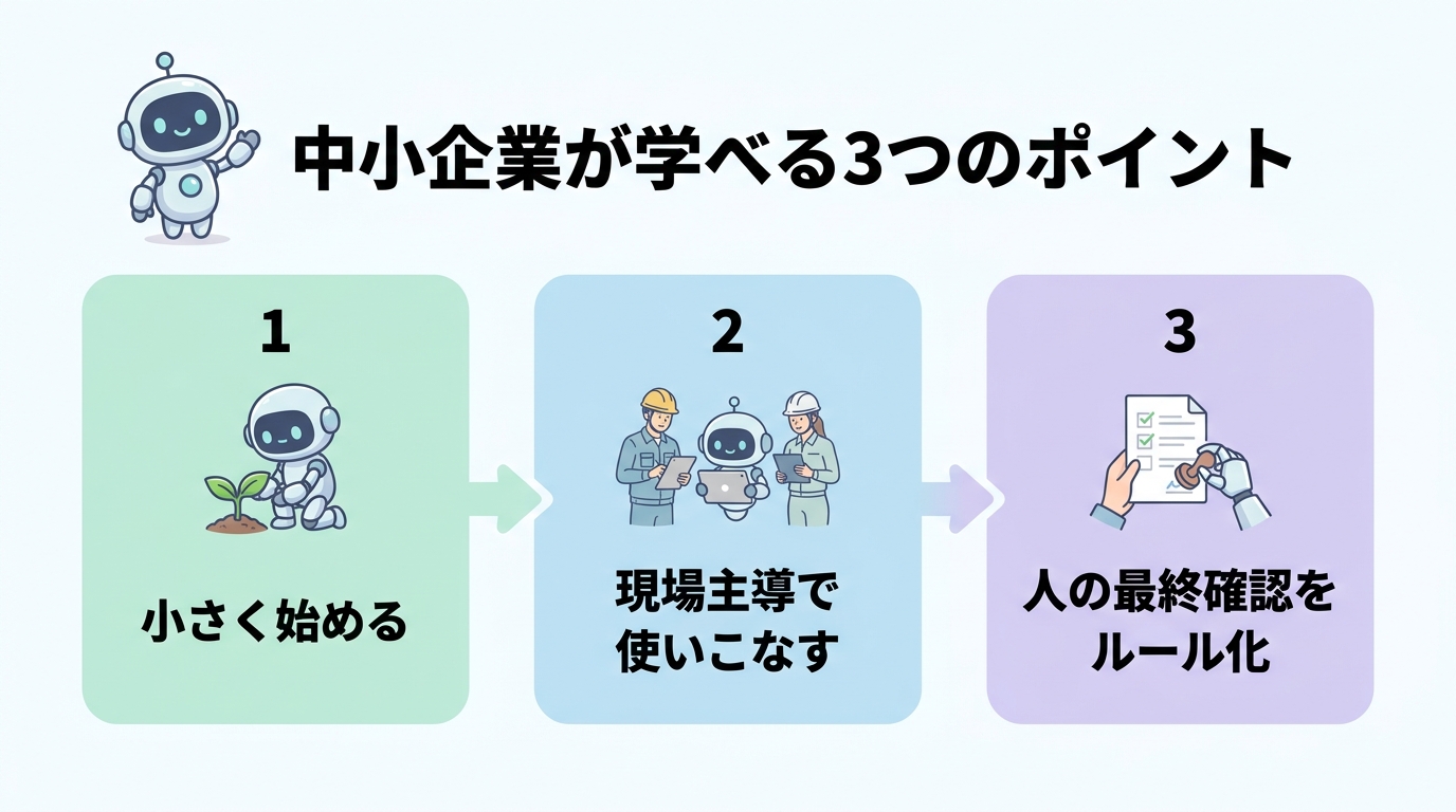 中小企業が学べる3つのポイント(小さく始める・現場主導で使いこなす・人の最終確認をルール化)のインフォグラフィック