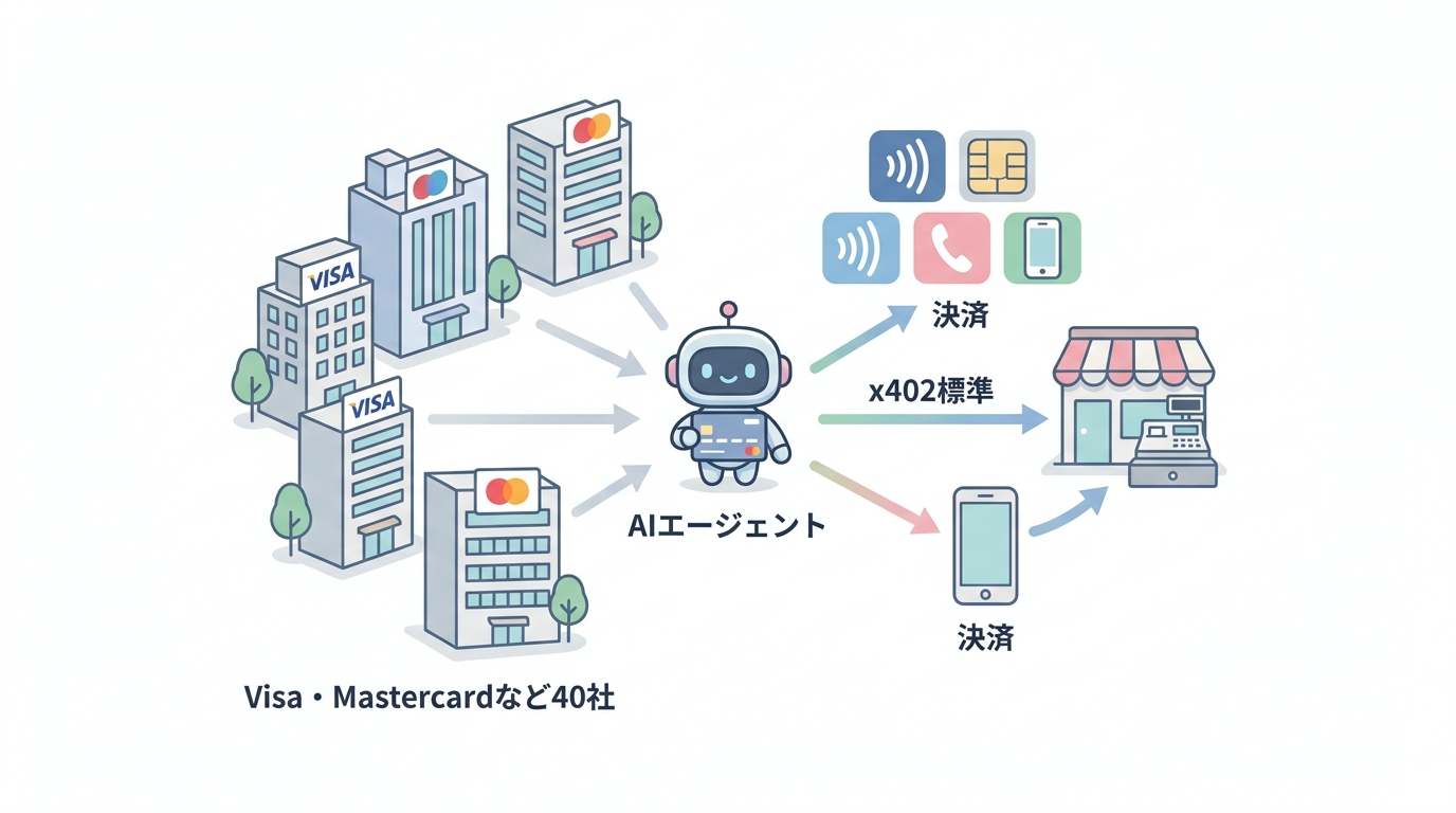 AIエージェント決済標準x402の仕組み図(Visa・Mastercardなど40社)