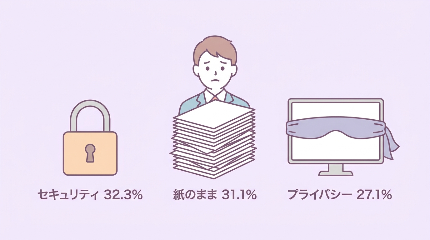AI導入後も残る課題 セキュリティ32.3% 紙のまま31.1% プライバシー27.1% を示した図