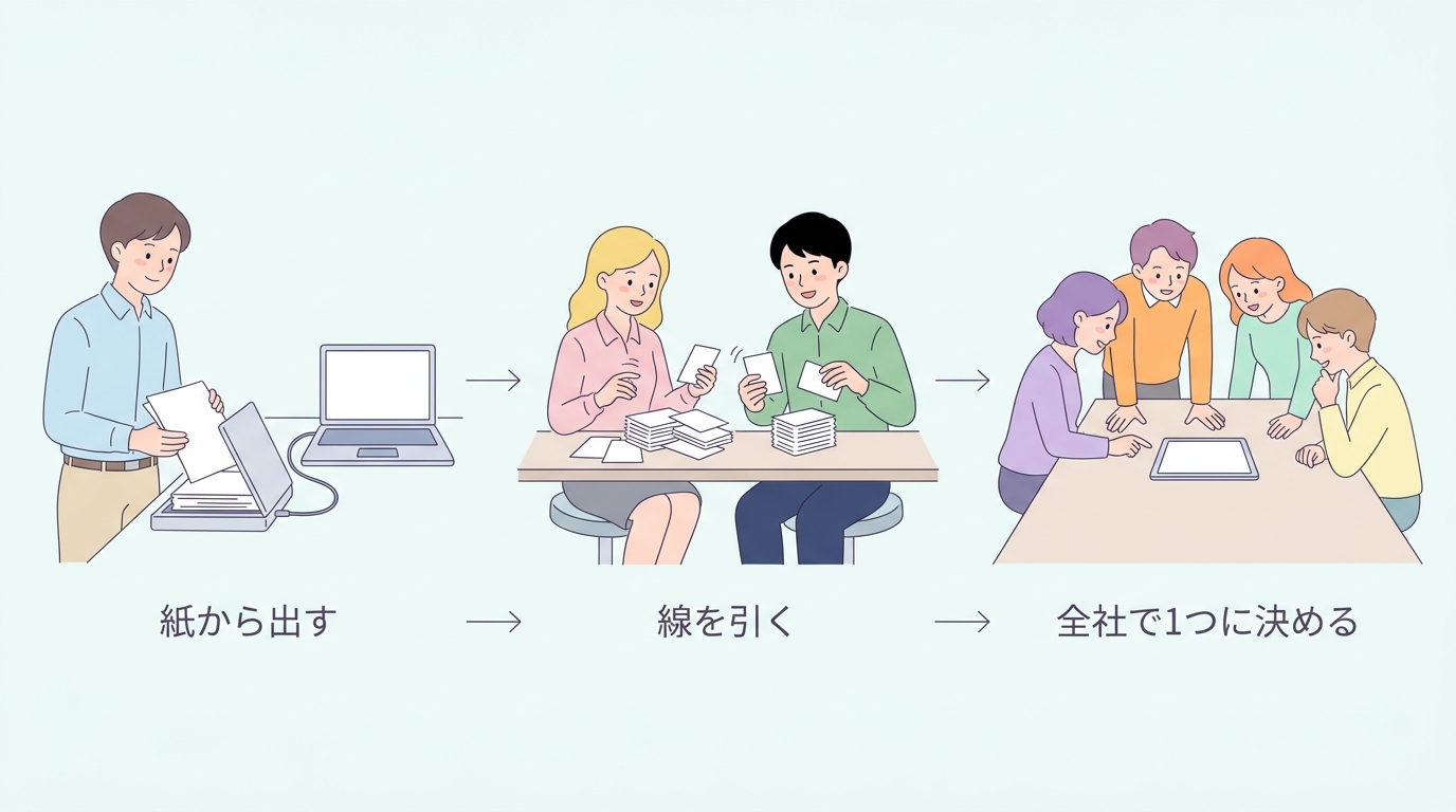 紙から出す 線を引く 全社で1つに決める の3ステップを示した図