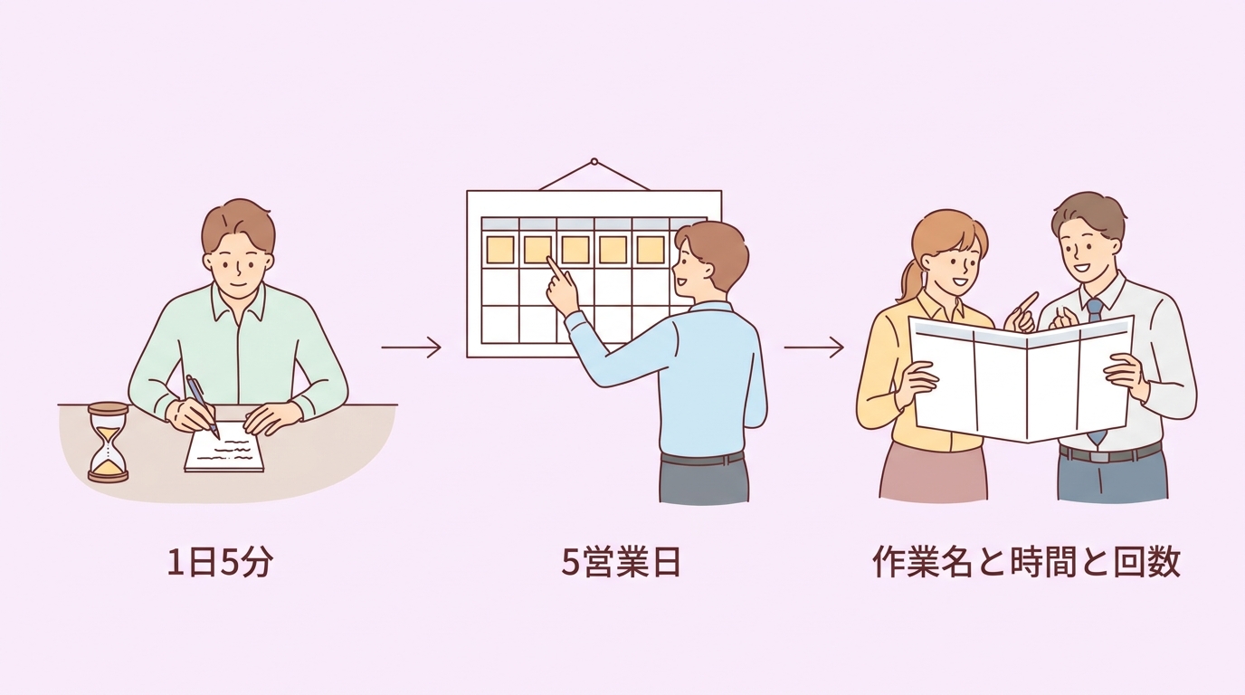 1日5分 5営業日 作業名と時間と回数 の3ステップを示した図