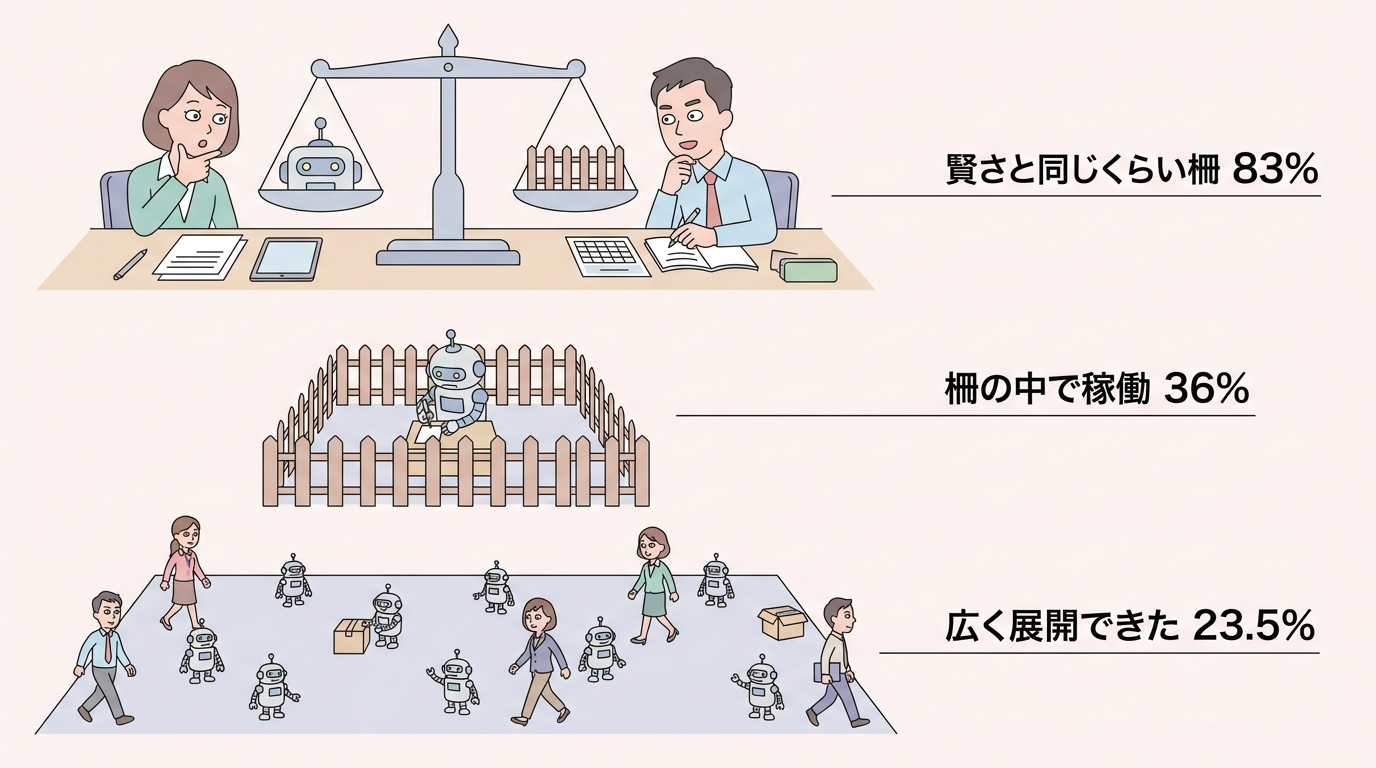 賢さと同じくらい柵83% 柵の中で稼働36% 広く展開できた23.5% を示した図