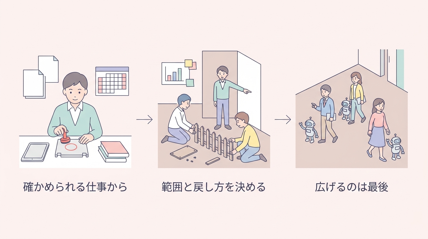 確かめられる仕事から 範囲と戻し方を決める 広げるのは最後 の3ステップを示した図