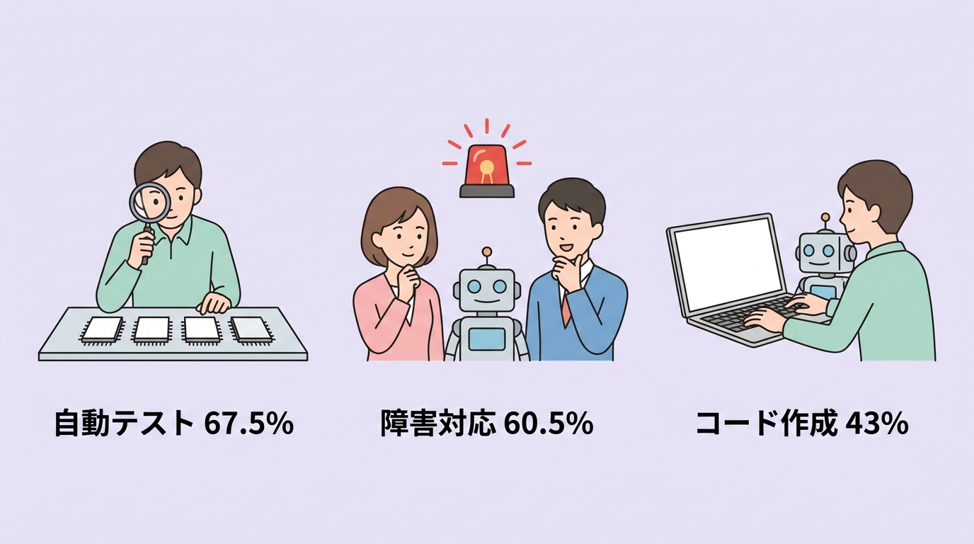 自動テスト67.5% 障害対応60.5% コード作成43% の用途を示した図