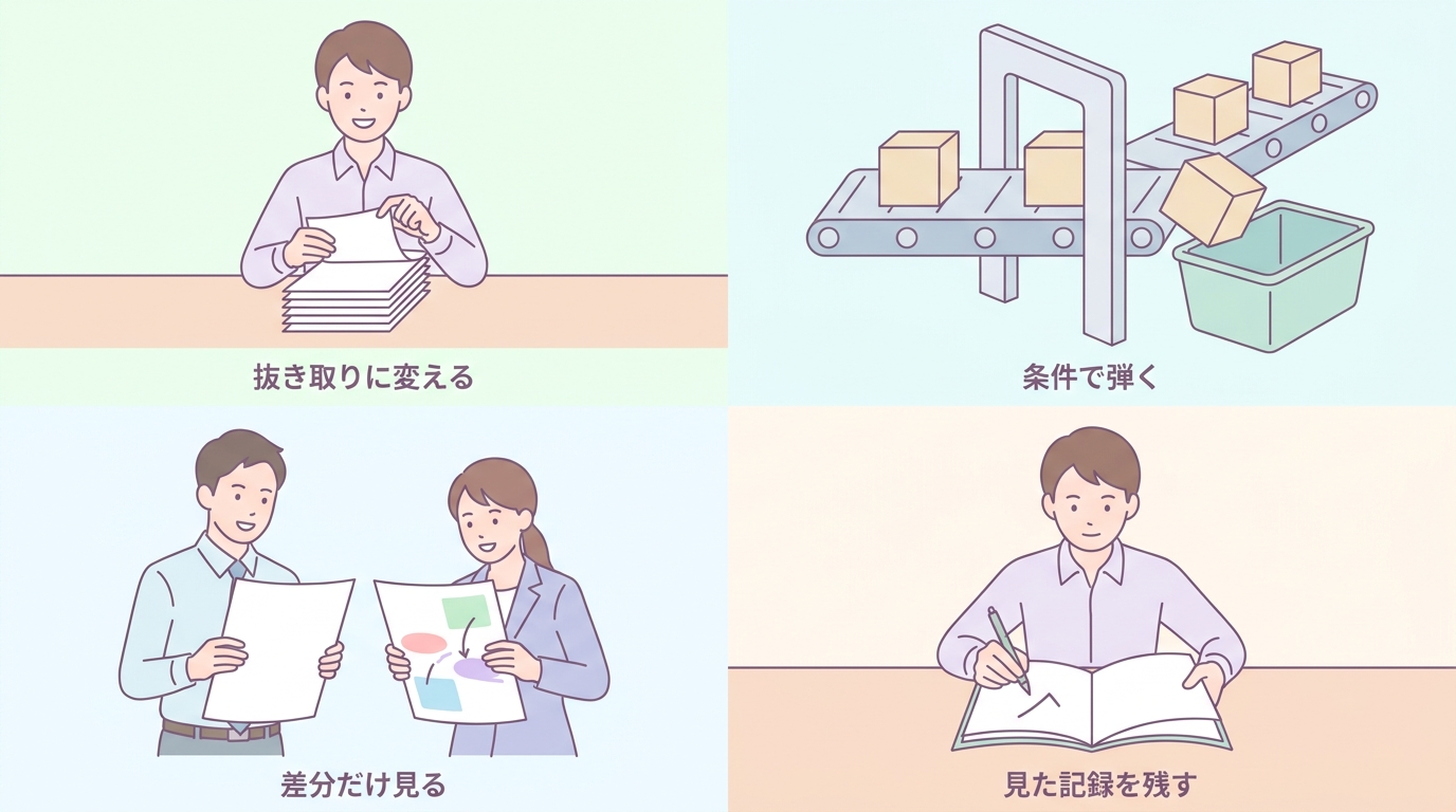 抜き取りに変える 条件で弾く 差分だけ見る 見た記録を残す の4つの手順を示した図
