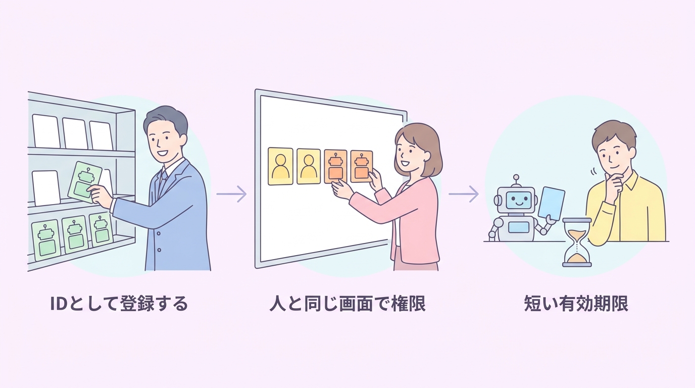 IDとして登録する 人と同じ画面で権限 短い有効期限 の3点を示した図