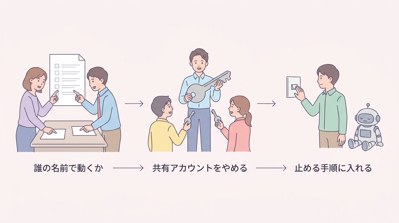 誰の名前で動くか 共有アカウントをやめる 止める手順に入れる の3ステップを示した図