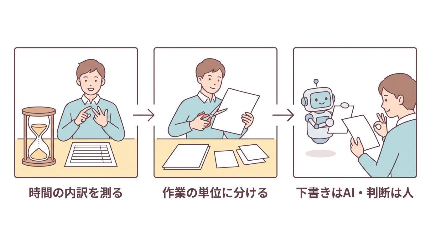 時間の内訳を測る・作業の単位に分ける・下書きはAIで判断は人 の3ステップ