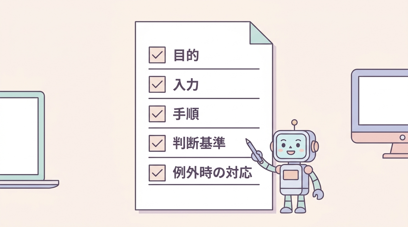 指示書に書く5項目(目的・入力・手順・判断基準・例外時の対応)のチェックリスト図