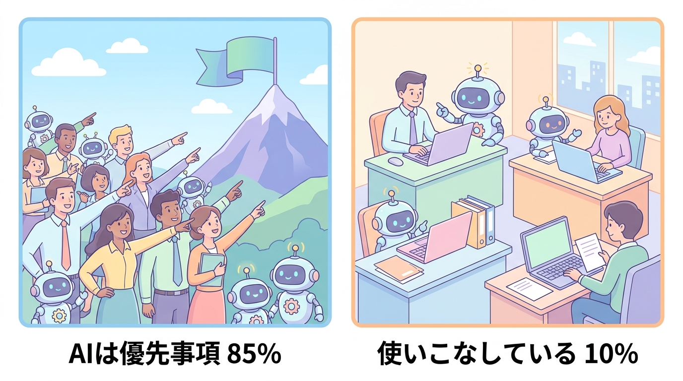 AIは優先事項85%・使いこなしている10%のギャップを示す図