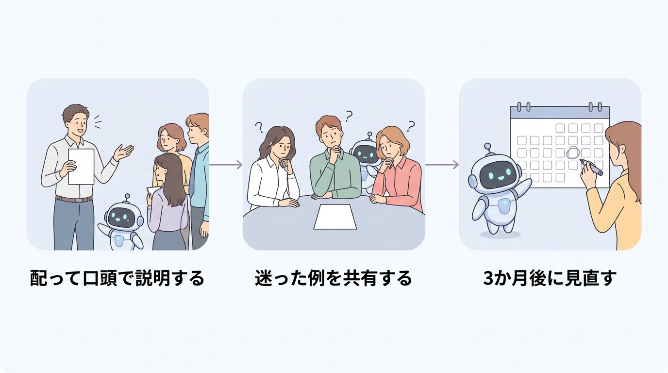 ルールを配って口頭で説明する、迷った例を共有する、3か月後に見直すという3ステップの運用図