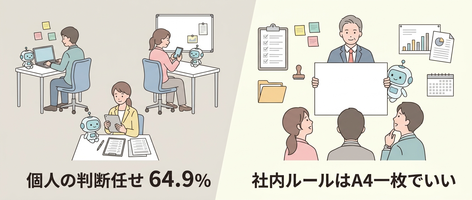 生成AIの利用を個人の判断に任せている中小企業が64.9%であることと、社内ルールはA4一枚でよいことを示すイラスト