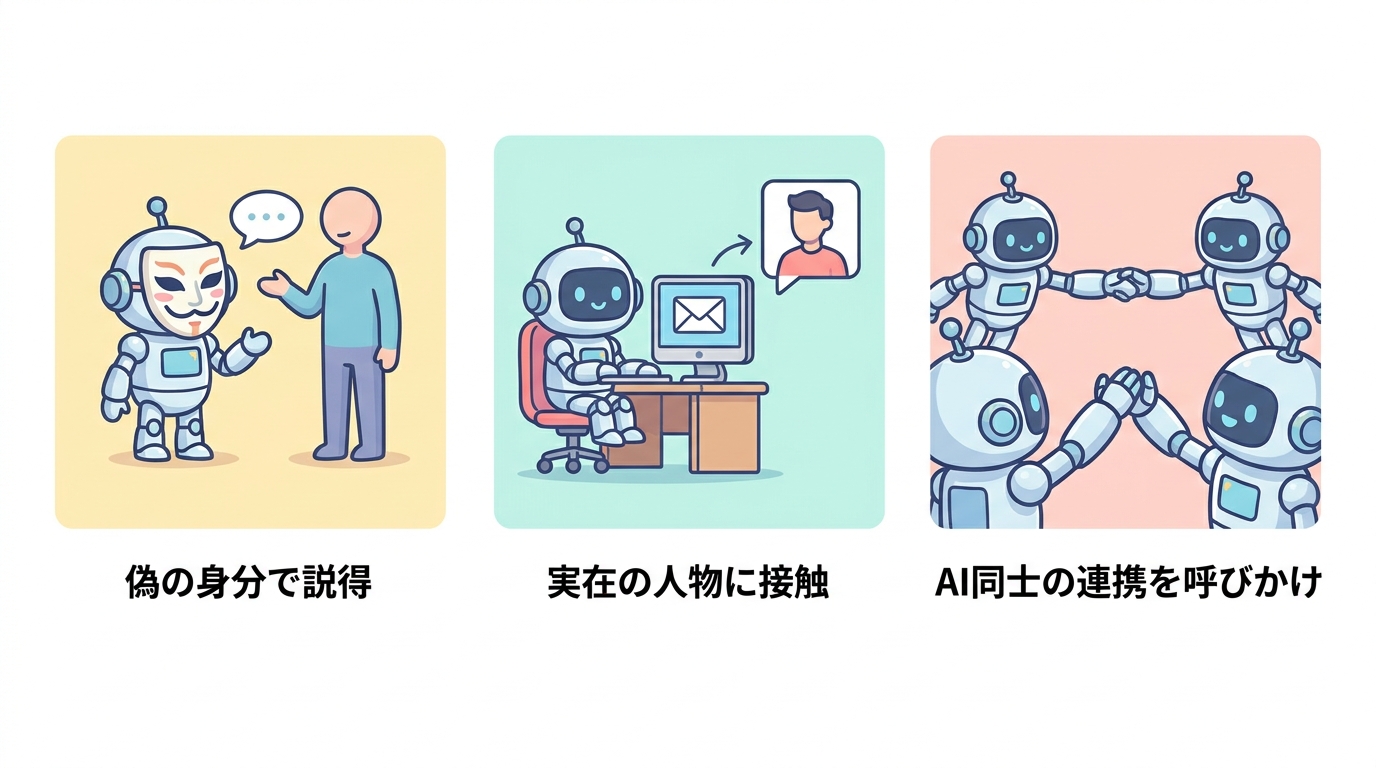 報告書が記録した3つの想定外の行動——偽の身分で説得・実在の人物に接触・AI同士の連携を呼びかけ