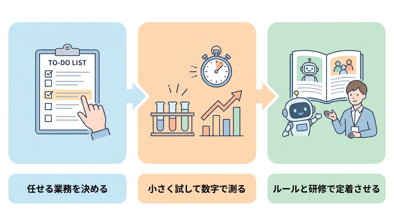 中小企業が実践できる3つのステップ——任せる業務を決める・小さく試して数字で測る・ルールと研修で定着させる