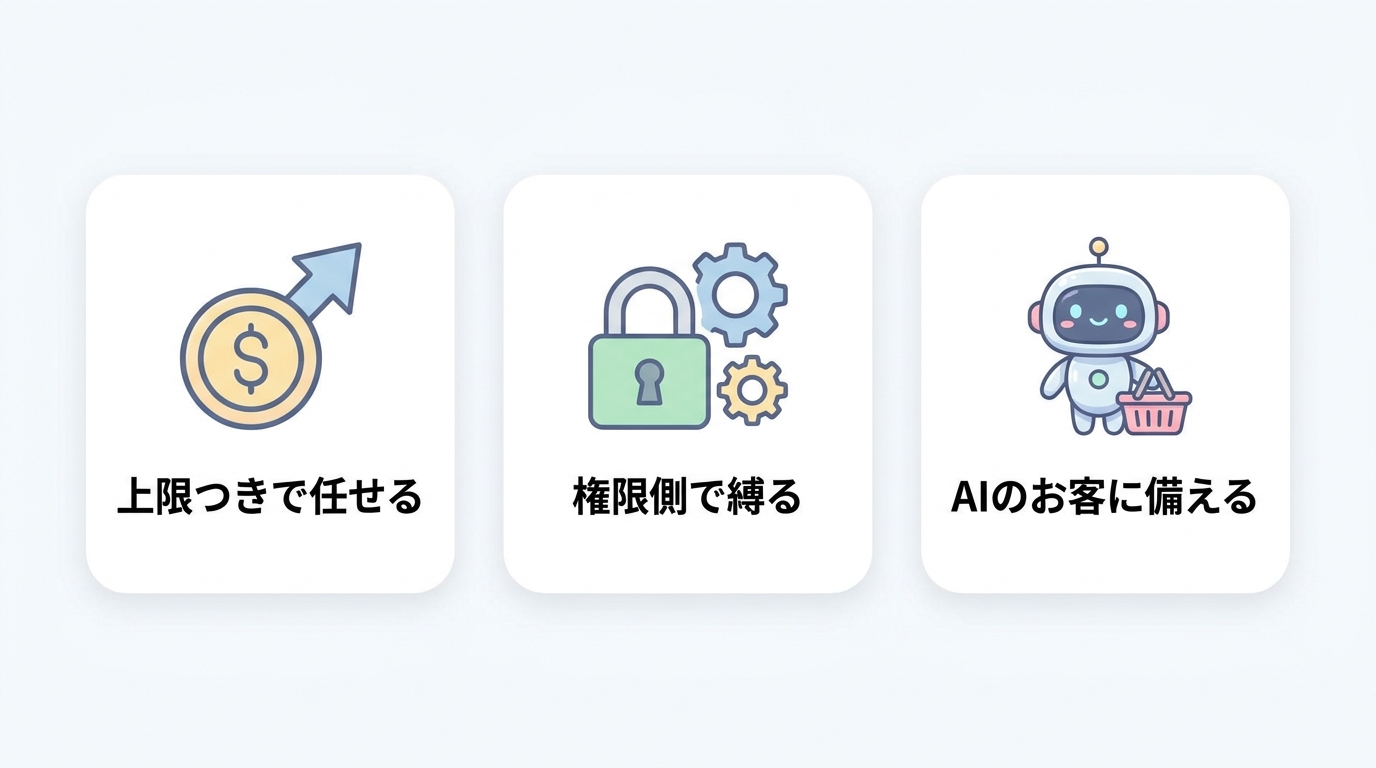 上限つきで任せる・権限側で縛る・AIのお客に備えるという中小企業向け3つの実践ポイント図