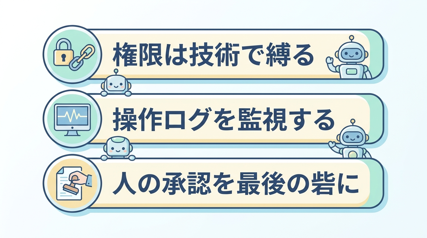 中小企業が学べる3つのポイント——権限は技術で縛る・操作ログを監視する・人の承認を最後の砦に