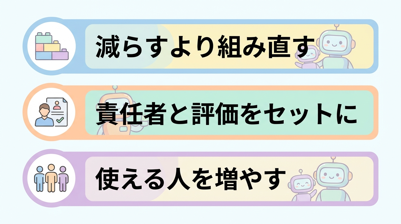 中小企業が学べる3つのポイント——減らすより組み直す・責任者と評価をセットに・使える人を増やす