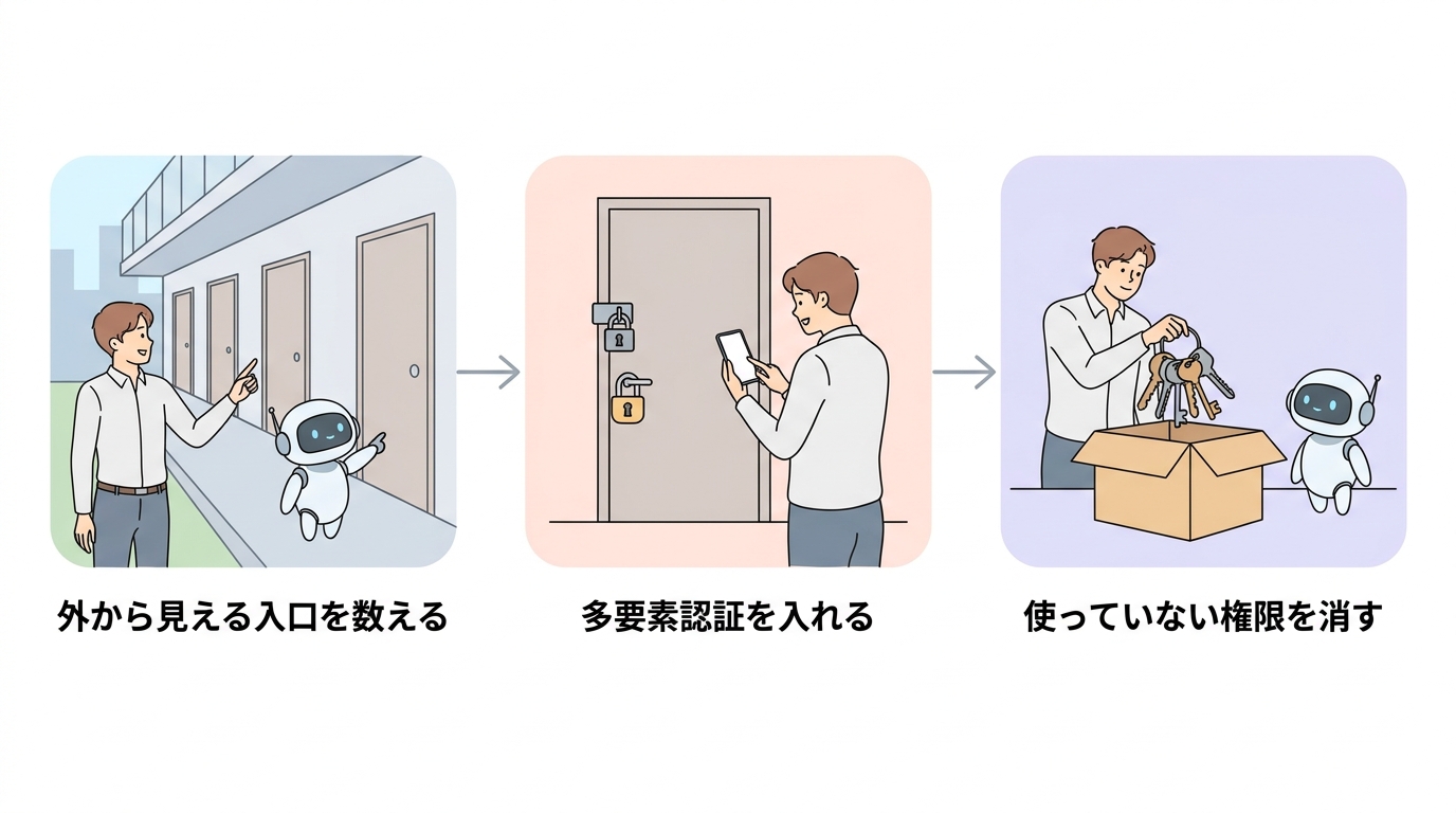 外から見える入口を数える・多要素認証を入れる・使っていない権限を消すの3つの確認図