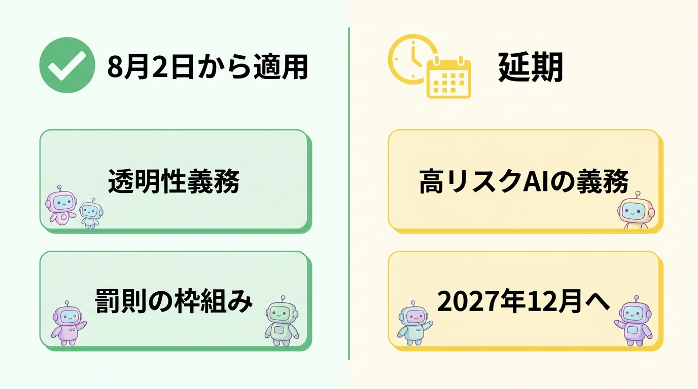 EU AI Actで8月2日から適用されたルールと延期されたルールの対比図