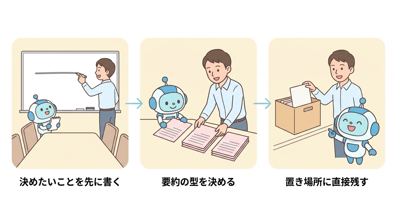 決めたいことを先に書く・要約の型を決める・置き場所に直接残すの3ステップ図