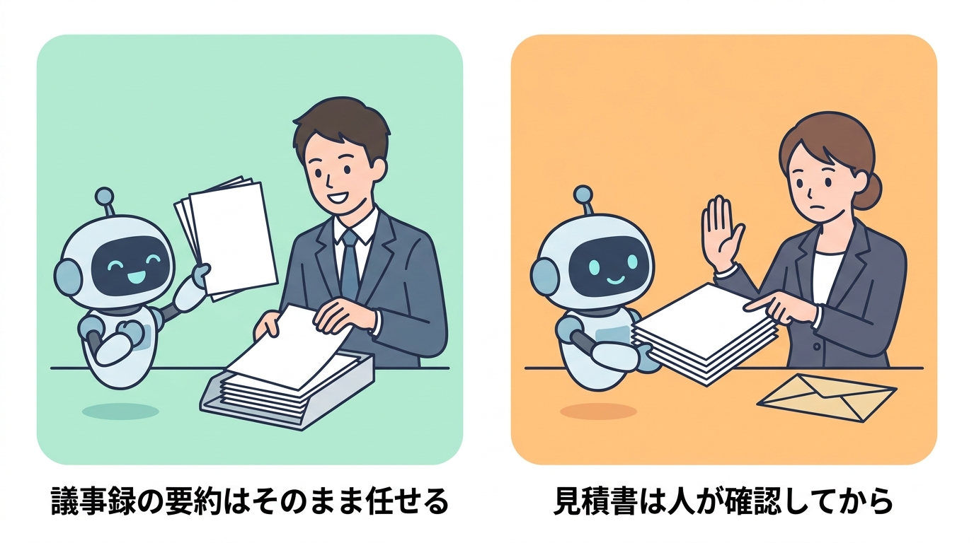 議事録の要約はそのまま任せる、見積書は人が確認してからという対比図