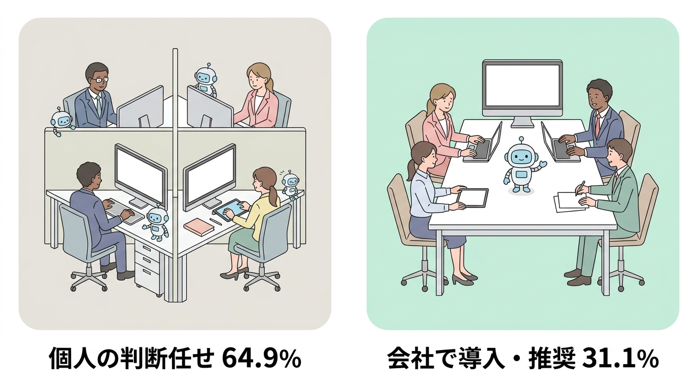生成AIの導入状況は個人の判断任せが64.9%、会社で導入・推奨が31.1%という対比図