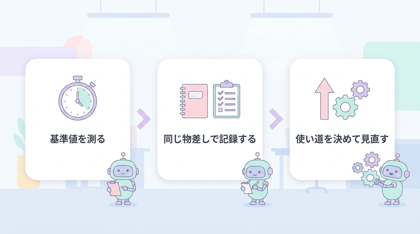 基準値を測る・同じ物差しで記録する・使い道を決めて見直すというAI導入効果測定の3ステップ図