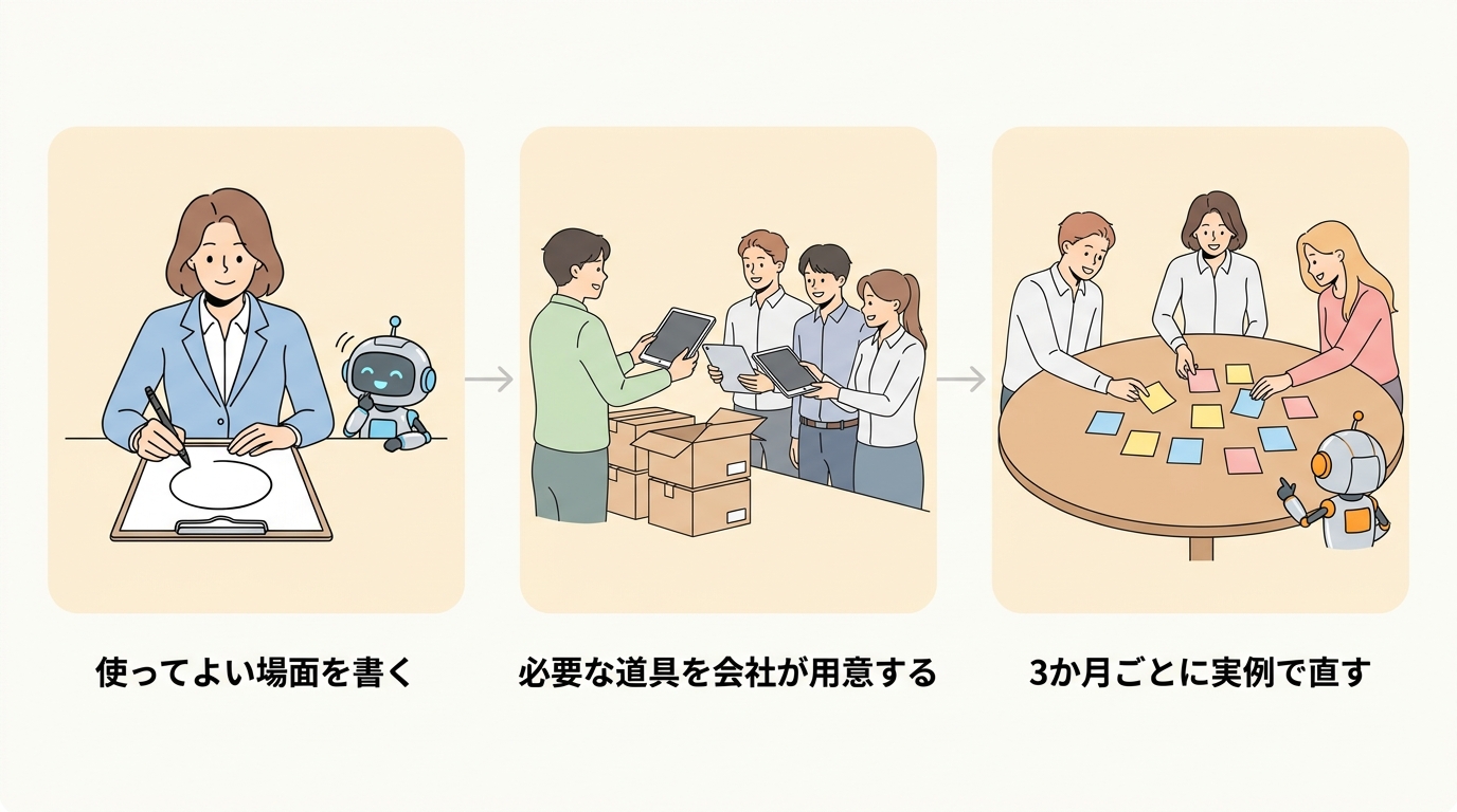 使ってよい場面を書く・必要な道具を会社が用意する・3か月ごとに実例で直すの3ステップ図