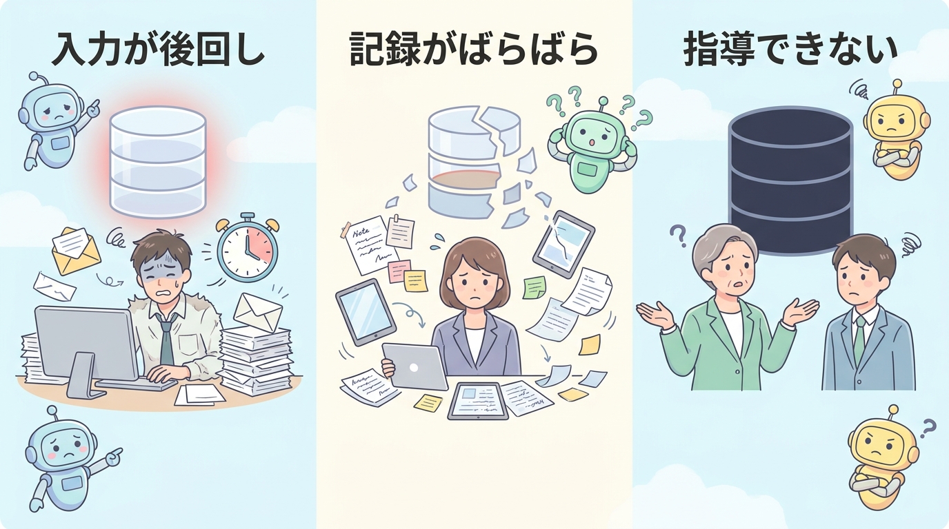 SFAに商談記録が入力されない3つの課題(入力が後回し・記録がばらばら・指導できない)を示す図
