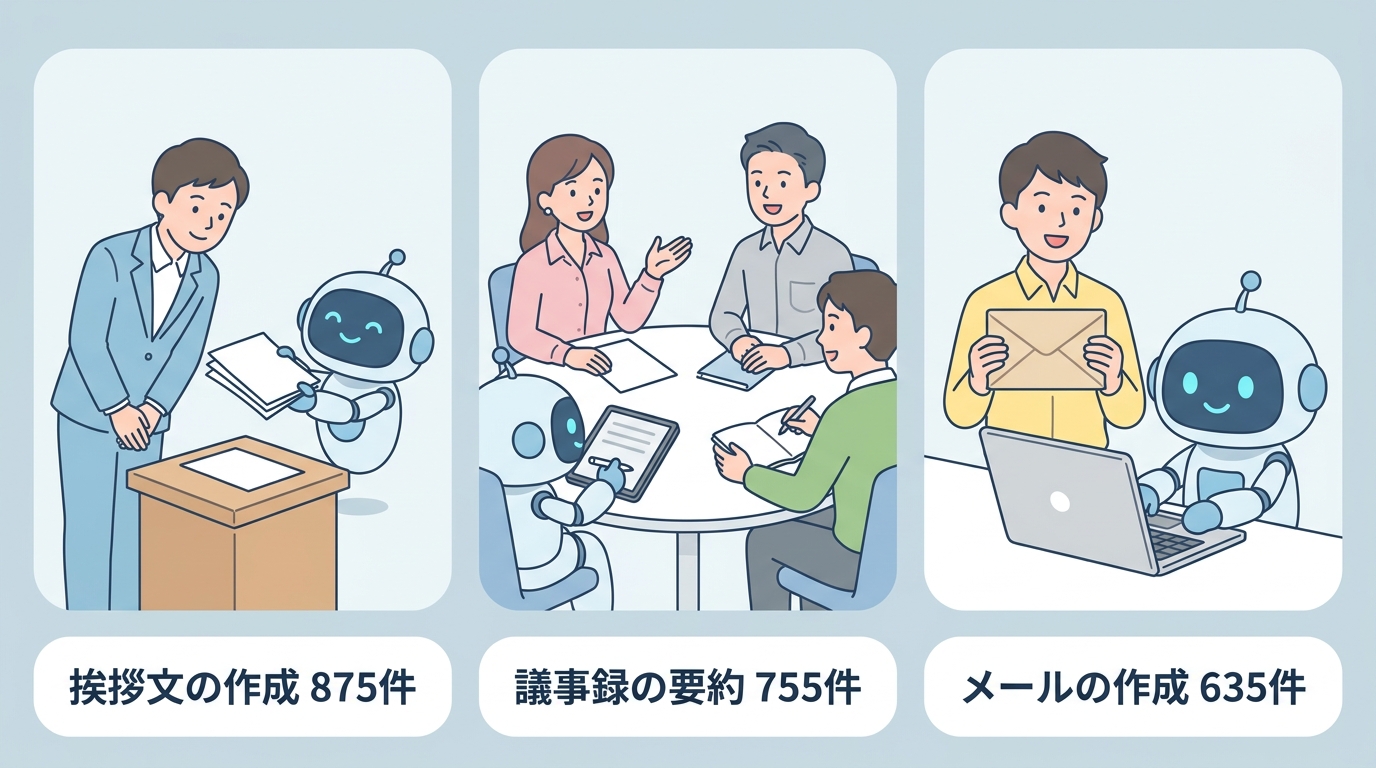 自治体の生成AI用途は挨拶文の作成875件・議事録の要約755件・メールの作成635件という図
