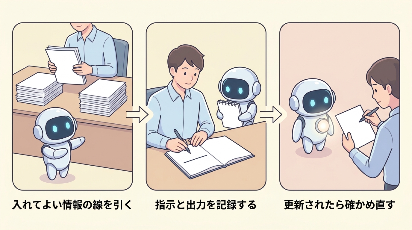 入れてよい情報の線を引く・指示と出力を記録する・更新されたら確かめ直すの3ステップ図
