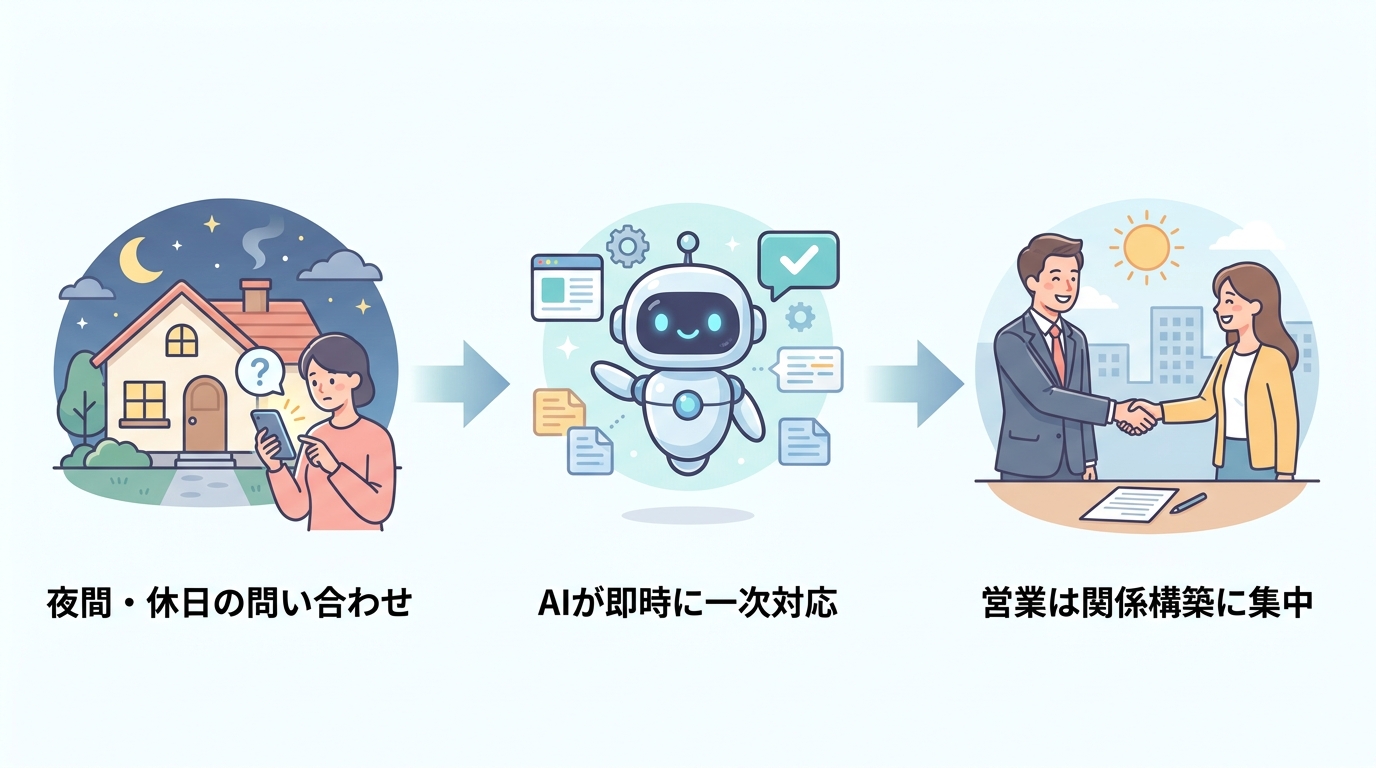 夜間・休日の問い合わせにAIが即時に一次対応し、営業は関係構築に集中する役割分担図