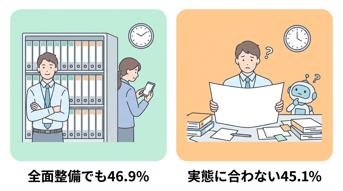 ガイドライン全面整備でも46.9%、ルールが実態に合わない45.1%という対比図