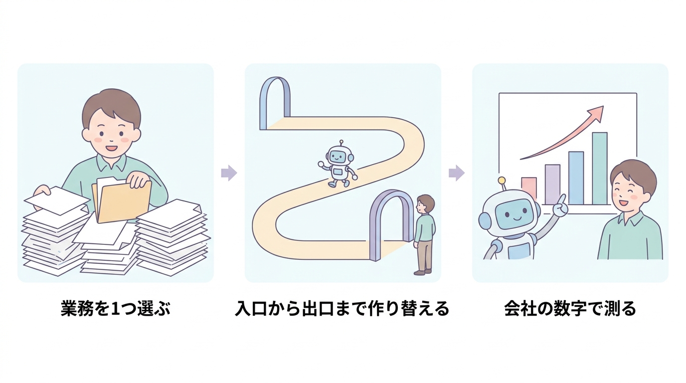 中小企業がAIエージェントで成果を出す3つのステップ図