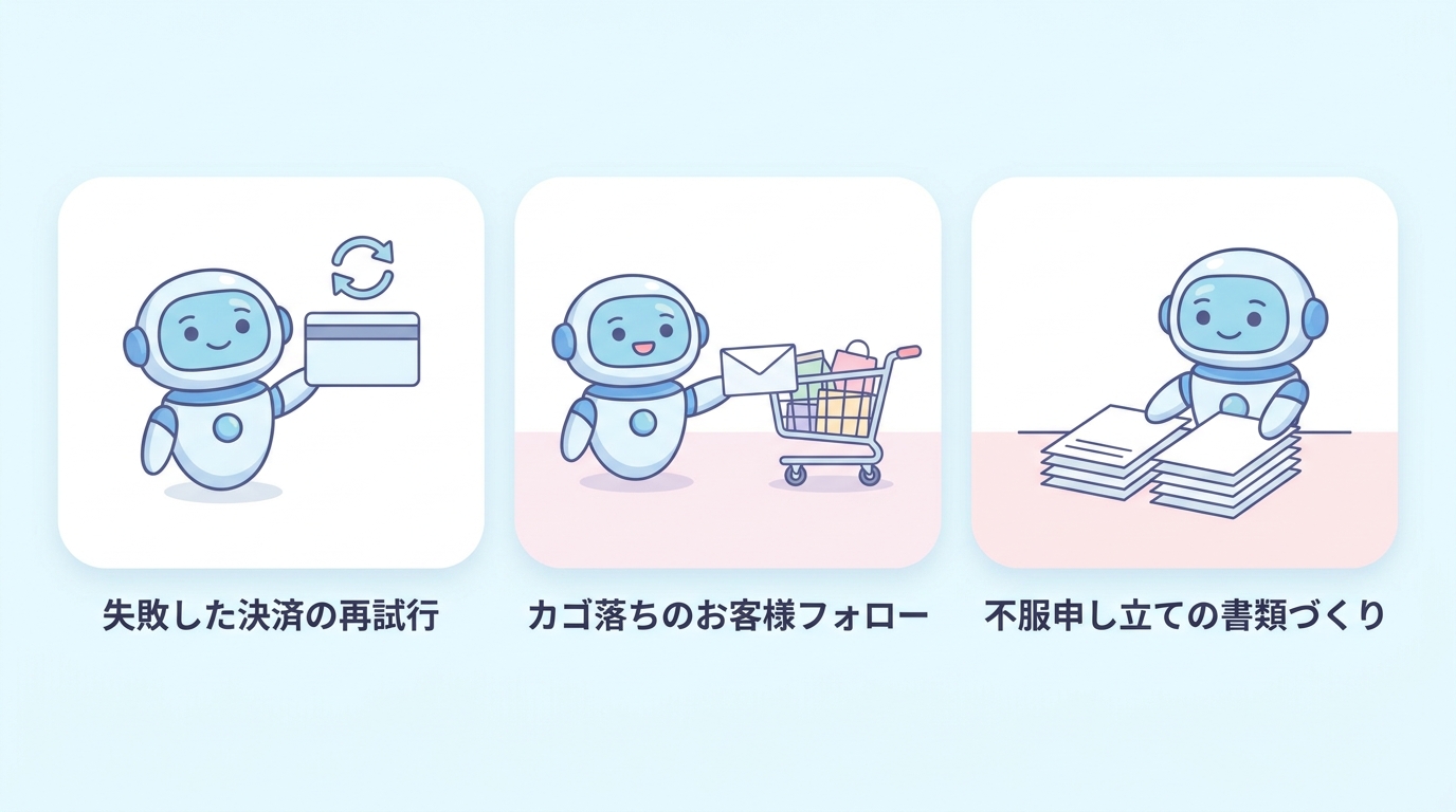 失敗した決済の再試行、カゴ落ちのお客様フォロー、不服申し立ての書類づくりの3つを示す図
