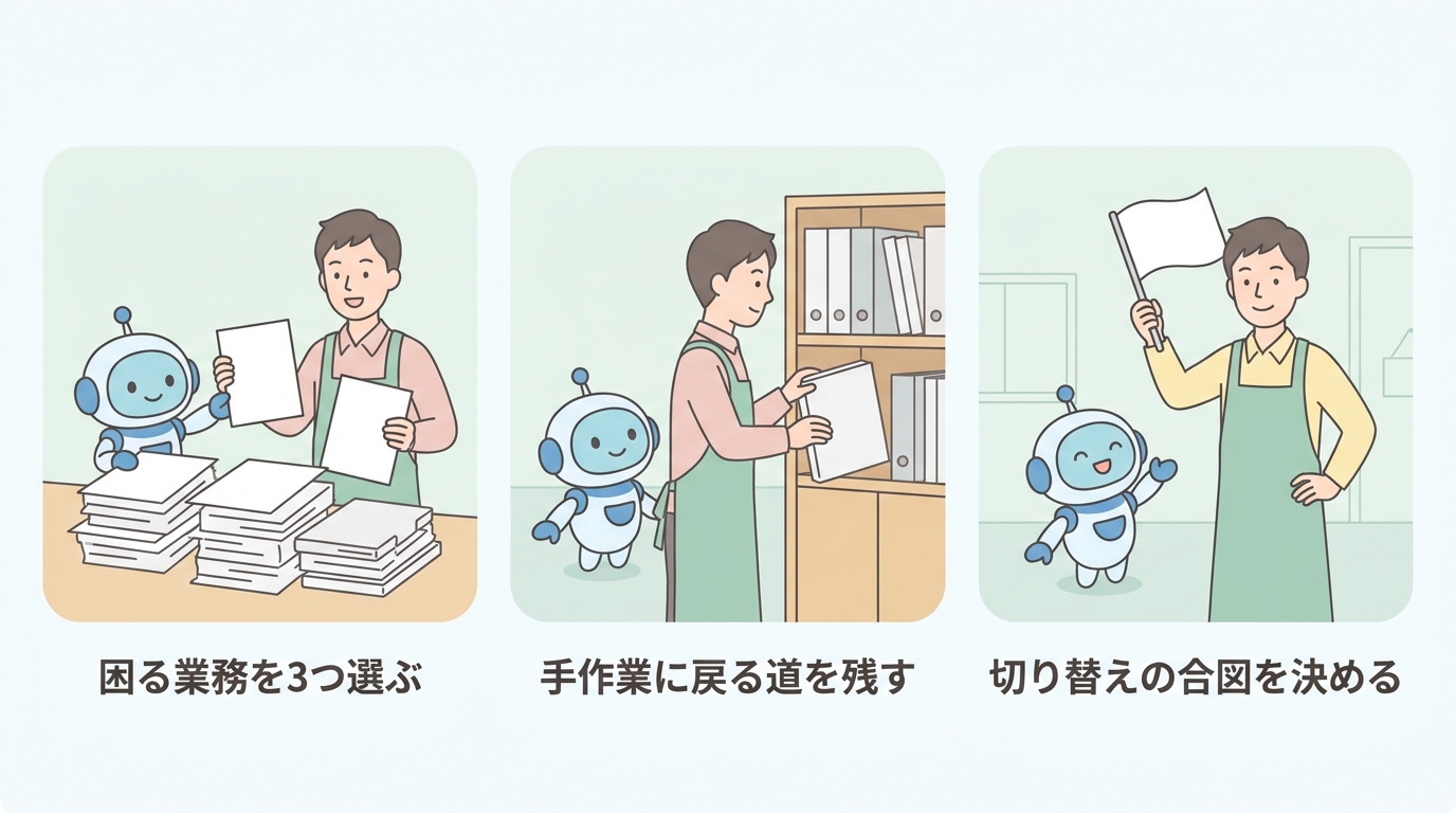 困る業務を3つ選ぶ、手作業に戻る道を残す、切り替えの合図を決める の3つの備え