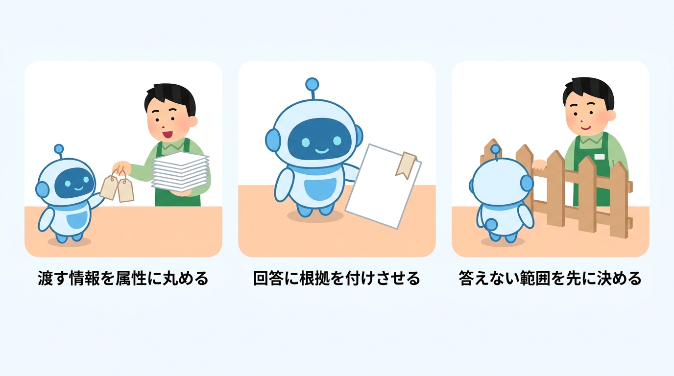 渡す情報を属性に丸める、回答に根拠を付けさせる、答えない範囲を先に決める の3つの設計図